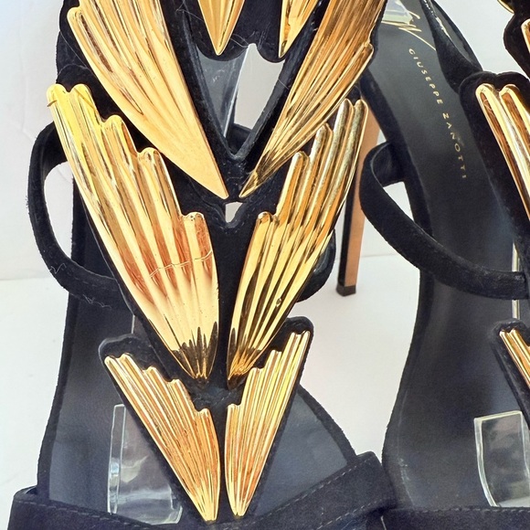 Giuseppe Zannoti Black Suede Leather Gold Wings Cruel 2.0 High Heel Sandals EU41 - Picture 4 of 12